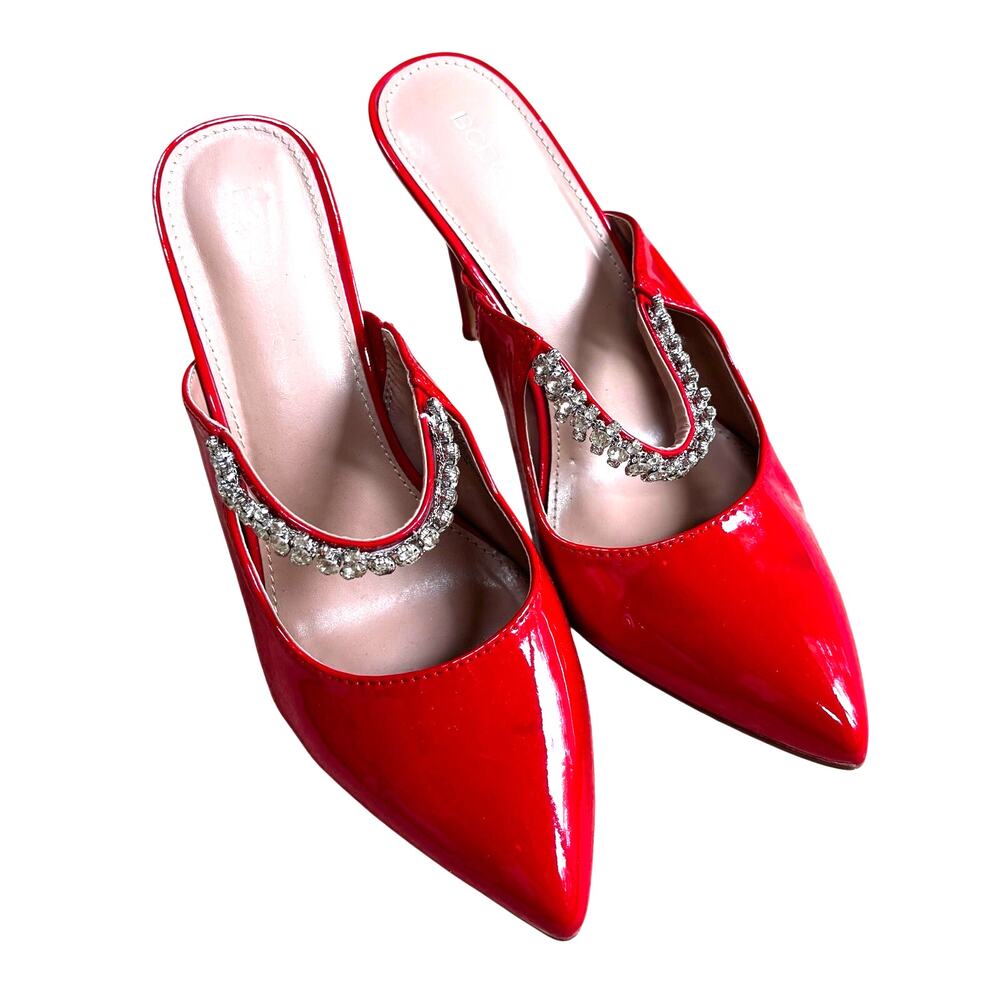 BCBGeneration 9M red patent finish high heels dressy mules shoes rhinestones